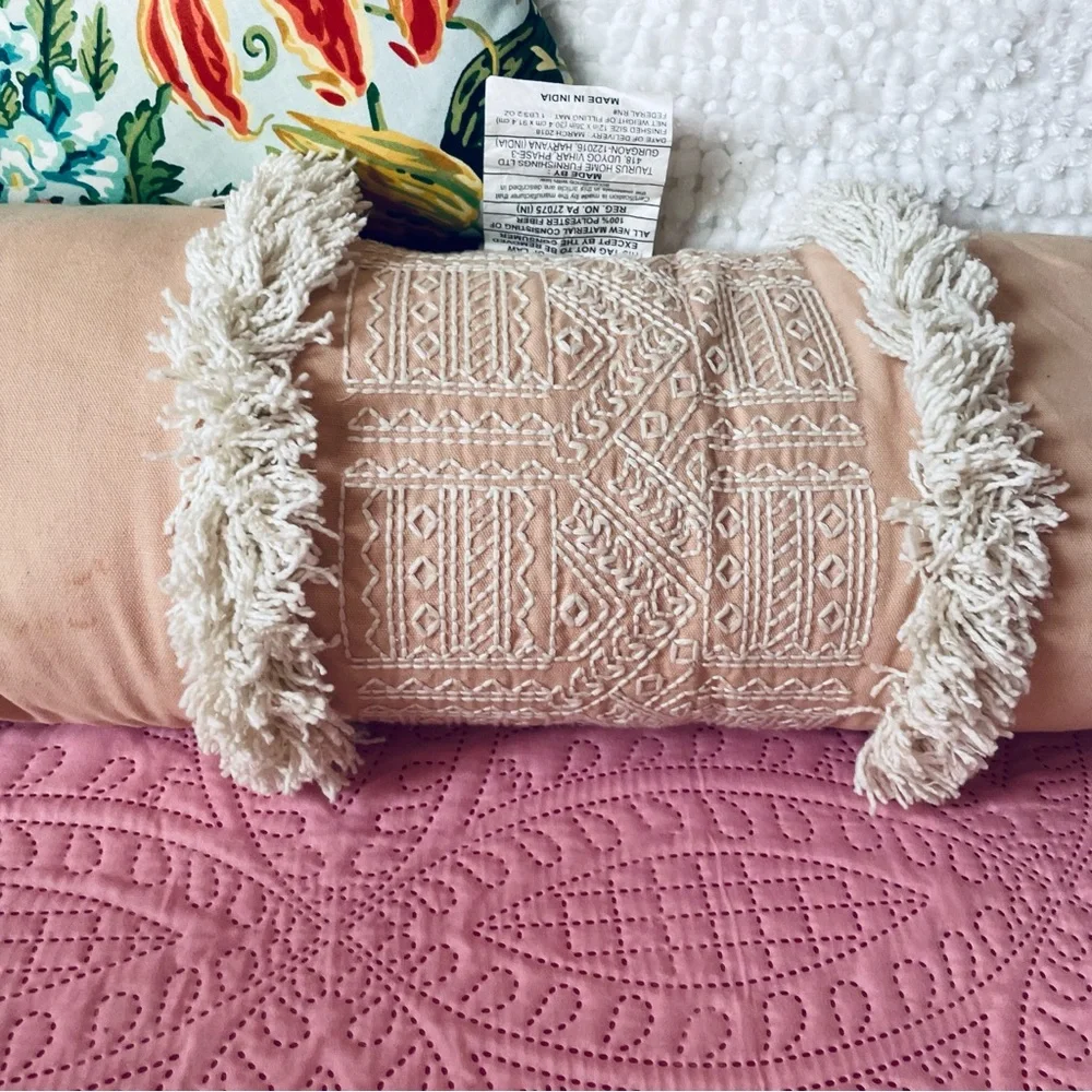 Opalhouse Boho Pink and white embroidered fringe Oversized Oblong Throw Pillow